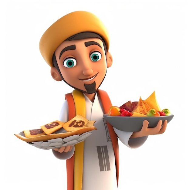 Adorable Cartoon Avatar of Muslim Man Holding Tray of Traditional Food Eid Mubarak Concept GenerativeAI Digital Illustration