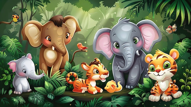 Adorable cartoon baby elephants and tigers frolic in a lush jungle setting