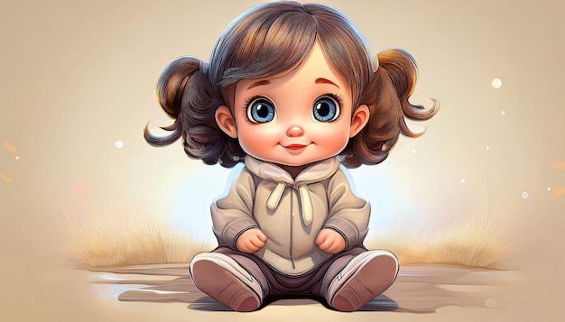 Photo adorable cartoon baby girl with big blue eyes is sitting and smiling in this whimsical illustration