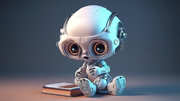 Adorable Cartoon Baby Robot Reading a Book