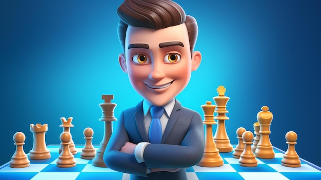 Adorable cartoon businessman character strategizing with a chessboard symbolizing success play