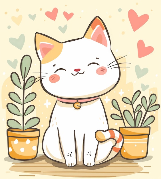 Photo adorable cartoon cat sitting between potted plants with heart accents in whimsical illustration