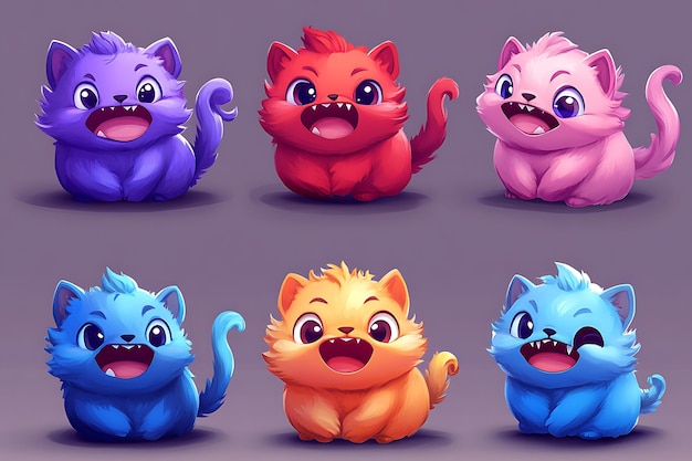 Photo adorable cartoon cats in various colors and expressions for creative designs