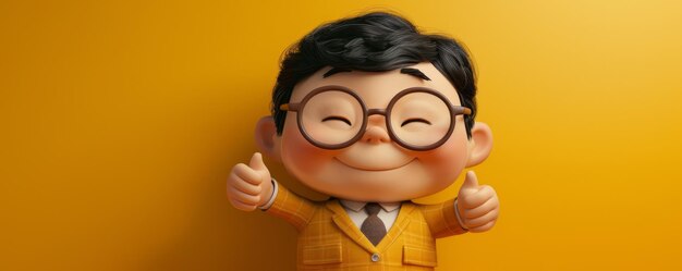 Adorable Cartoon Character with Glasses and Yellow Suit Giving Thumbs Up on Bright Yellow Background