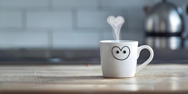 Photo adorable cartoon coffee mug with big eyes and heartshaped steam concept cartoon characters coffee art whimsical design cute illustration