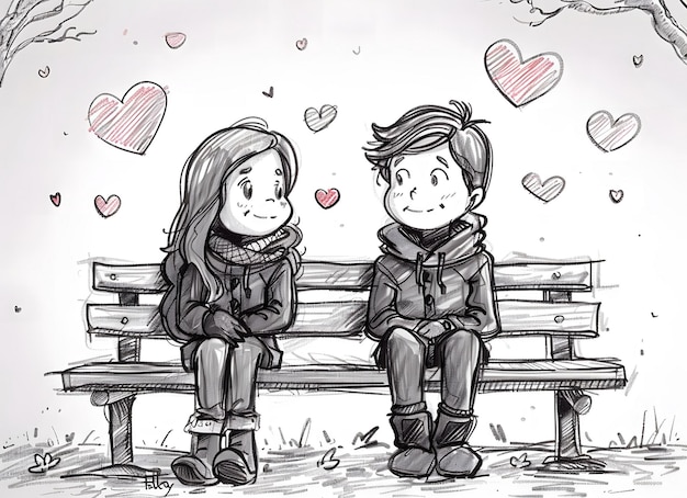 Photo adorable cartoon couple sitting on a park bench with hearts