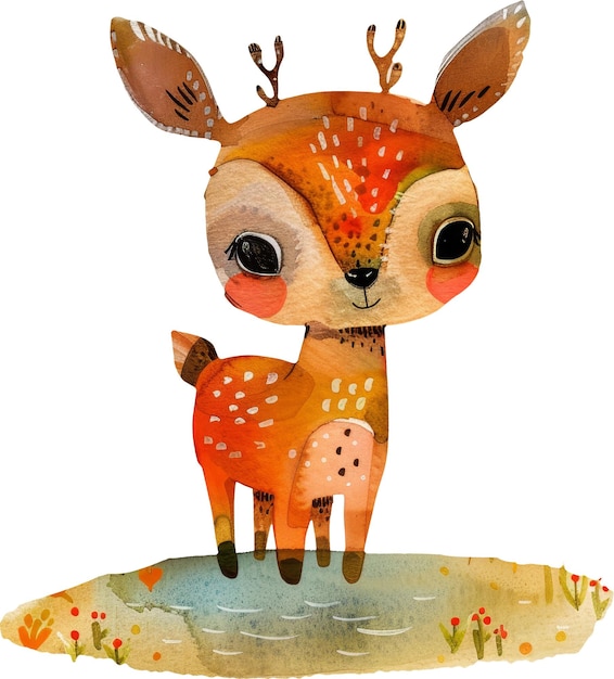 adorable cartoon deer illustration with brown fur and big eyes on a green meadow background