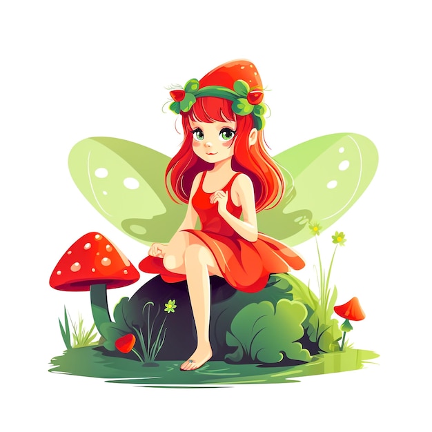 Photo adorable cartoon fairy sitting on mushroom with flower crown and green wings illustration