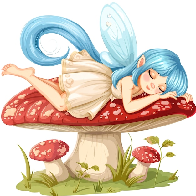 Photo adorable cartoon fairy sitting on mushroom with flower crown and green wings illustration