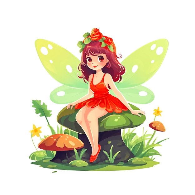 Photo adorable cartoon fairy sitting on mushroom with flower crown and green wings illustration