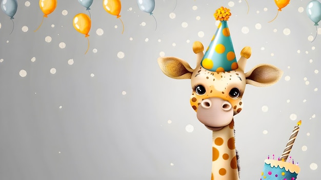 Photo adorable cartoon giraffe character wearing a colorful birthday hat and surrounded by celebratory balloons against a whimsical polka dot background this playful