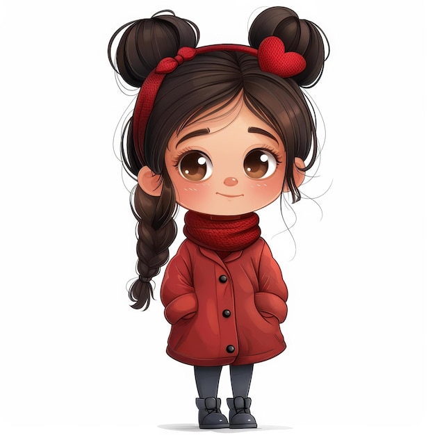 Adorable cartoon girl in a festive dress with hair in buns sporting black boots perfect