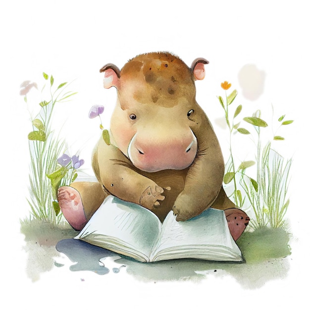 Adorable cartoon illustration of a baby Hippo on a white background perfect for a nursery or children room