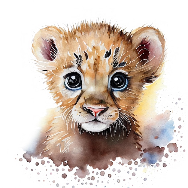 Adorable cartoon illustration of a baby lion on a white background perfect for a nursery or children room