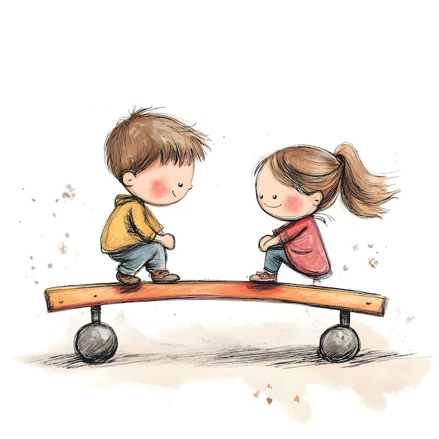 Adorable Cartoon Kids Riding Seesaw on Clean Background