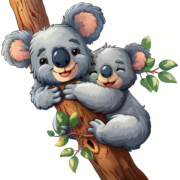 Photo adorable cartoon koala hugging tree on white background cute australian wildlife illustration