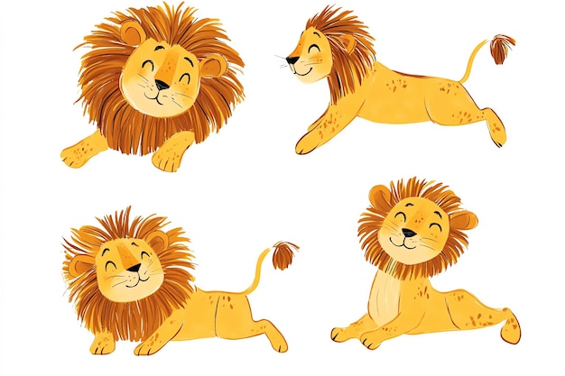 Photo adorable cartoon lion cub poses illustration set