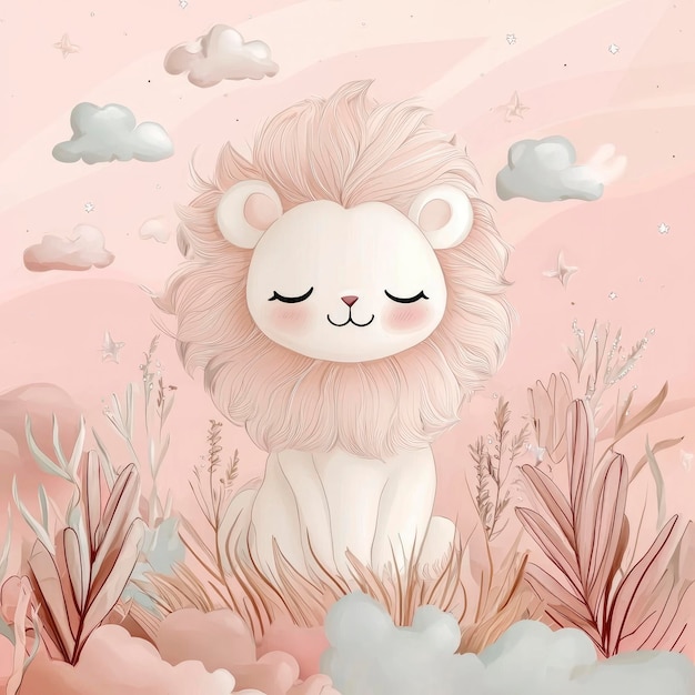 Adorable Cartoon Lion in a Pink and Brown Landscape