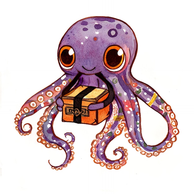 Adorable Cartoon Octopus Carrying a Treasure Chest