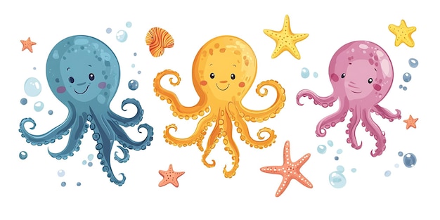 Adorable Cartoon Octopuses with Starfish and Bubbles