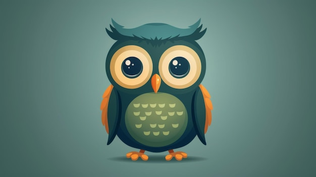 Adorable cartoon owl with big eyes orange wings and green belly on a simple green background perfect for childrens designs