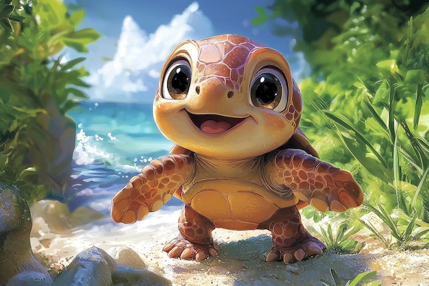 Adorable Cartoon Sea Turtle on Tropical Beach