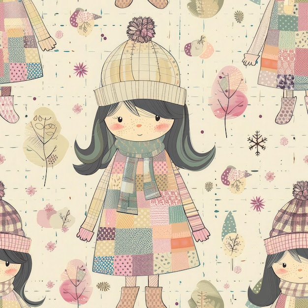 Photo adorable cartoon seamless pattern of fashionist girls wearing patchwork clothes