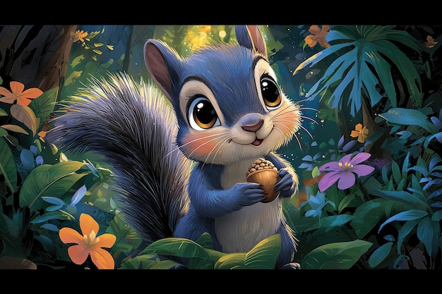 Adorable Cartoon Squirrel Holding Acorn in Forest