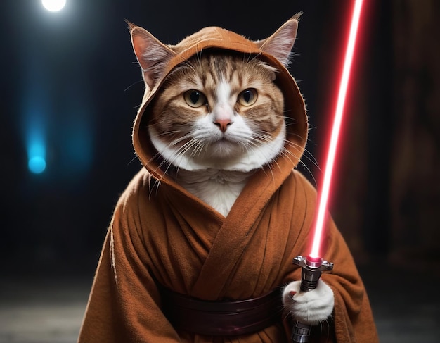 Adorable cat in clothes with a glowing sword amusing background