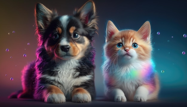 Adorable cat and dog looking at the horizon in the sunset Created with Generative AI