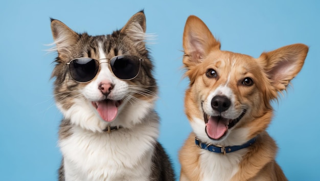 Adorable cat and dog together on a wooden table with blue background and fruits