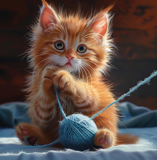 Adorable cat enjoys playtime with yarn ball