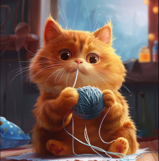 Adorable cat enjoys playtime with yarn ball