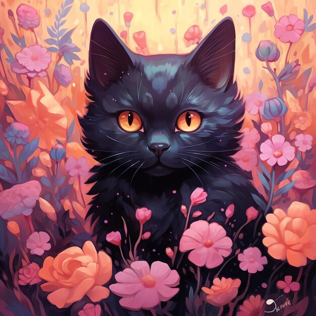 Adorable cat in flowers in Vintage style