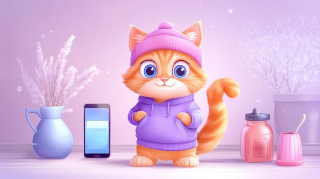 Photo adorable cat in hoodie with winter accessories and smartphone