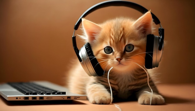 adorable cat listening to music