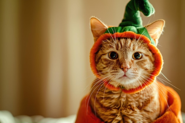 Photo adorable cat in pumpkin costume ready for halloween festivities ai