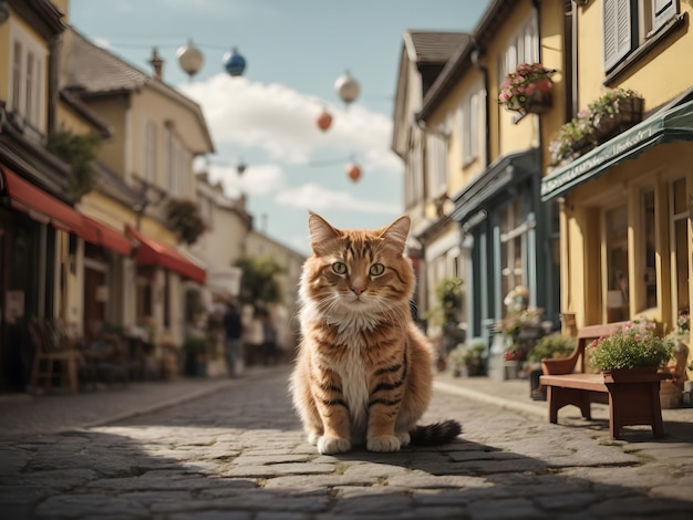 An adorable cat sitting in the middle of a street