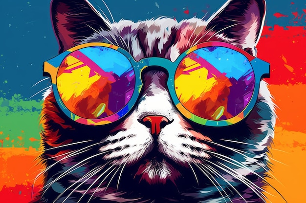 Adorable cat in sunglasses on vibrant pop art background Generative AI