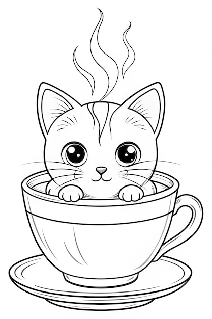 Photo adorable cat in a teacup black and white coloring page for adults