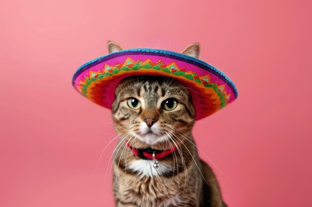 Adorable cat wearing colorful Mexican hat over solid color background