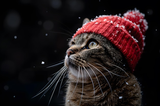 Photo adorable cat in winter hat looking at snowflakes perfect for holiday cards and seasonal designs