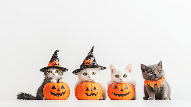 Photo adorable cats dressed up in halloween costumes with copy space with empty space