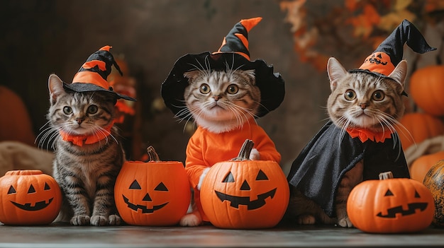 Adorable cats dressed up in Halloween costumes with copy space with empty space