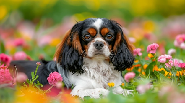 Adorable Cavalier King Charles Spaniel Dog Lying in Colorful Flower Field in Spring Season Pet