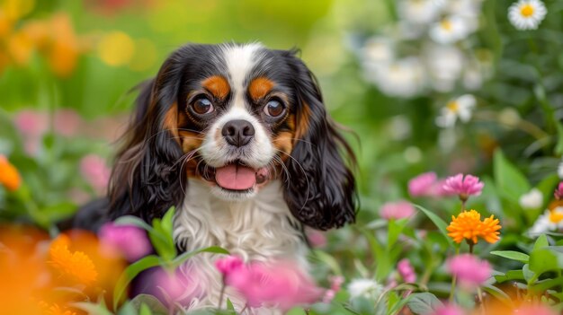 Adorable Cavalier King Charles Spaniel Sitting Amongst Colorful Flowers in a Lush Garden