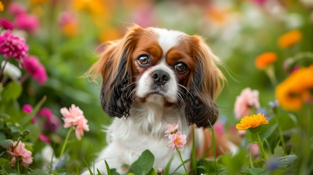 Adorable Cavalier King Charles Spaniel Sitting Among Colorful Flowers in a Garden