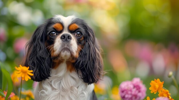 Adorable Cavalier King Charles Spaniel Sitting Among Colorful Flowers in a Lush Garden Setting