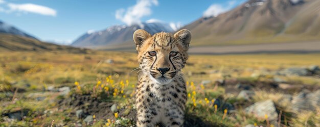 Adorable Cheetah Cub in a Stunning Mountainous Landscape with Wildflowers and Blue Sky