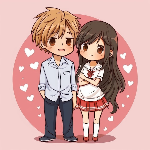 Adorable chibi anime couple on a romantic date kawaii style illustration in pastel colors